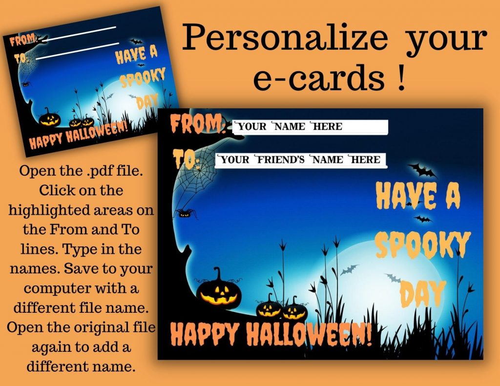 2 images of one Halloween e-card with the lines blank and the lines filled